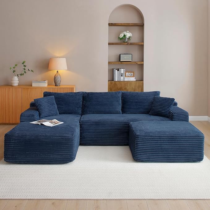 108 Cloud Modular Sectional Couch with Moveable Ottoman Modern Minimalist Upholstered Boneless Couch Deep Seat Corduroy Corner Couches (Blue 108 Left Facing Chaise + Ottoman)