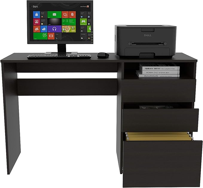 Kenai 3 Drawers Computer Desk Black Compact Storage Spacious Work Surface Modern Home Office