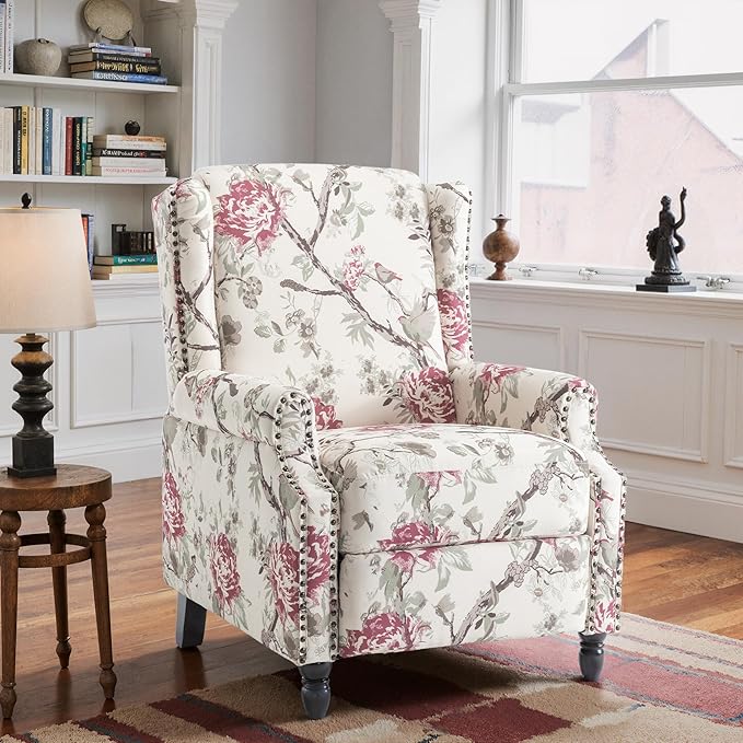 Set of 2 Floral Pushback Recliner Chairs Fabric Upholstered Rivet Trim Accent Club Chairs for Living Room Home Theater- Red Floral