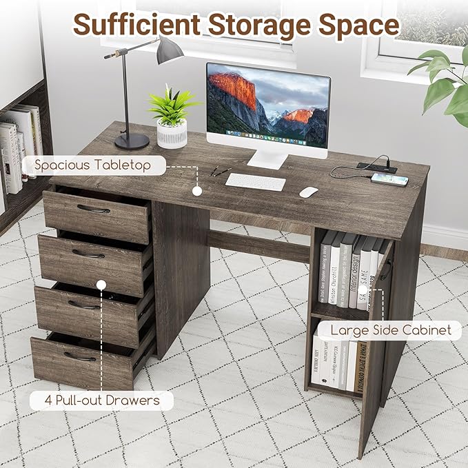 Tangkula 53 Computer Desk with 4 Storage Drawers &amp Cabinet Home Office Desk with Charging Station 5-Level Adjustable Shelf &amp Cable Management Hole Writing Study Desk Modern Executive Desk