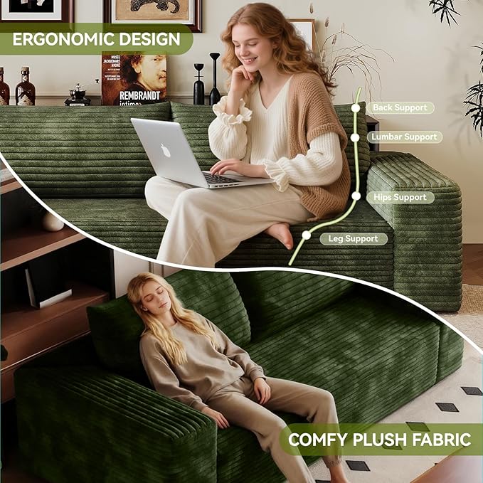 63 Boneless CouchNo Assembly RequiredLoveseat Velvet Couch Soft and Comfortable for Living Rooms Bedroom and Dormitories (Green)