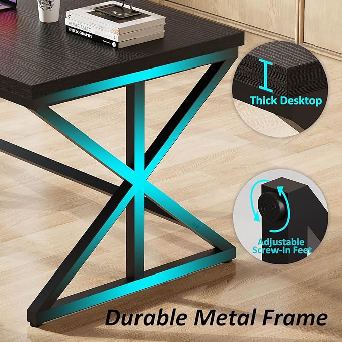 IBF 55 Inch Black Home Office Desks Modern Computer Desk for Writing Study Wood Metal Simple Gaming Work Table for Bedroom Industrial Wooden Pc Workstation Executive Desk Black Oak