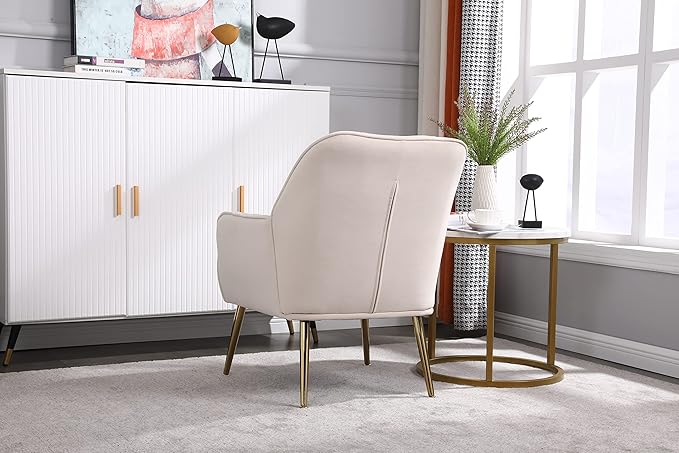 Modern Mid Century Chair Velvet Sherpa Armchair for Living Room Bedroom Office Easy Assemble(Beige)