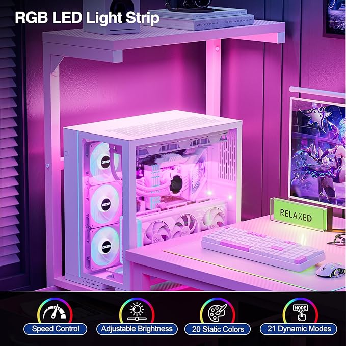 Grandder Gaming Desk 41 Inch with CPU Stand and LED Light Computer Desk with Reversible Shelves and Storage Drawer Pc Small Desk for Home Office Table with Bag Pink