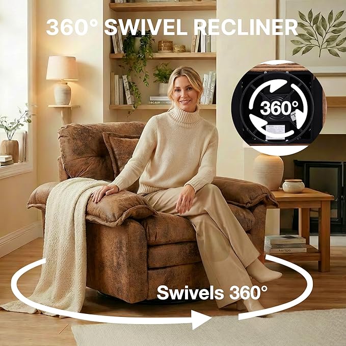 360° Swivel Accent Chair Oversized Plush Modern Suede Armchair with Padded Seat &amp Back Comfy Spinning Chair for Living Room Bedroom Office (Brown)