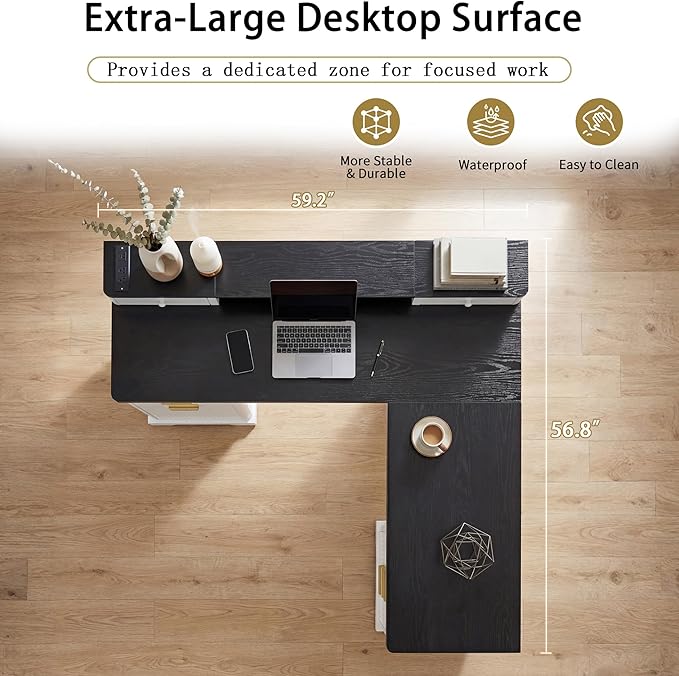 Modern Fluted L Shaped Executive Desk with Charging Station - 59 Home Office Corner Computer Desk with Monitor Stand File Drawer and Removable Support Shelf for Study Home Office (White)