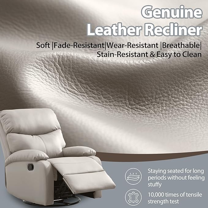 Genuine Leather Rocker Recliner Modern Manual Swivel Glider Recliner with Adjustable Backrest &amp Footrest Wall Hugger Swivel Rocking Recliner Chair for Modern Living Room and RV Beige