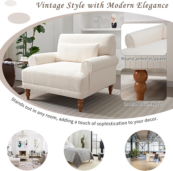 Christopher Knight Home Accent Chair Boucle Club Chair Upholstered Lounge Chair Large Size Armchair Roman Column Legs Cozy Reading Single Sofa Chair for Living Room Bedroom Home Study White