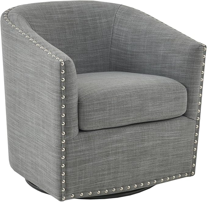 Madison Park Swivel Barrel Accent Chair Upholstered Curved Back with 7-Inch Thick Woven Cushion 360° Swivel Nailhead Trim Comfy Chair for Living Room Bedroom Office 28 Wide Grey Tyler