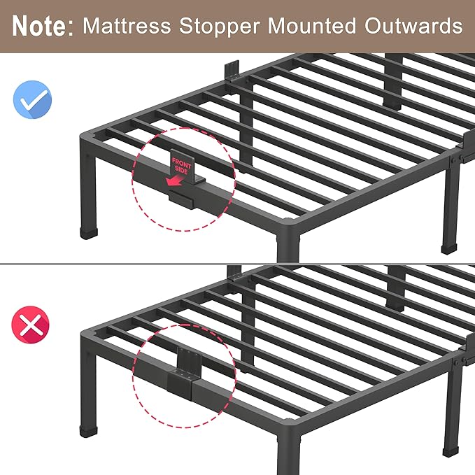 ROIL 14 Inch White Twin Size Bed Frame with Rounded Corner and Headboard Hole Mattress Retainers 3500LBS Heavy Duty Steel Slats No Box Spring Needed Platform Noise-Free Easy Assembly