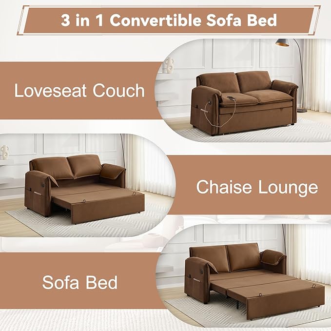 63 Velvet 3 in 1 Convertible Sleeper Sofa Bed Pull Out Couch Bed Loveseat with Adjustable Backrest Chaise Lounge USB Port &amp Side Pocket Modern Sofa for Living Room Small Spaces Brown