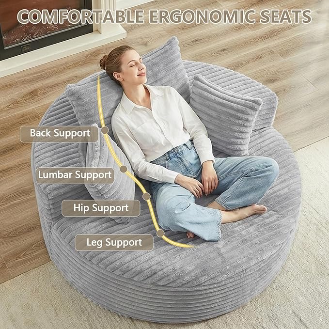 55 L Corduroy Sponge Single Sofa Oversized Round Chair Fluffy Modern Sleeper Chairs for Living Room Lounge and Projection Room Wide Armrest Lounge Chairs Armchair with Pillow Light Grey