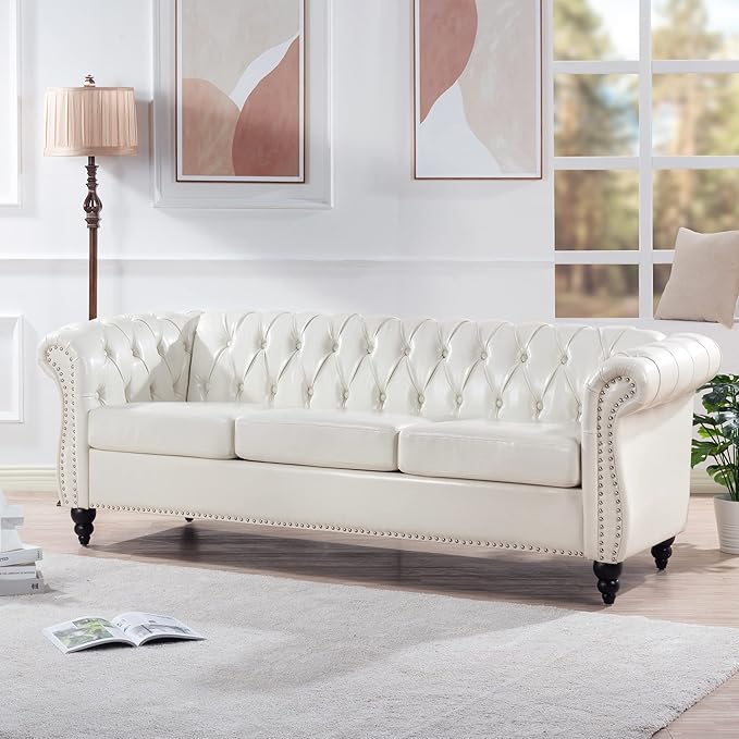 GDFStudio 85 Tufted Button Chesterfield Sofa with Deep Seat Cushions Rolled Arms &amp Gold Accent Strip 3-Seater Midcentury Modern Sofa for Living Room Classic Couch Furniture White + PU