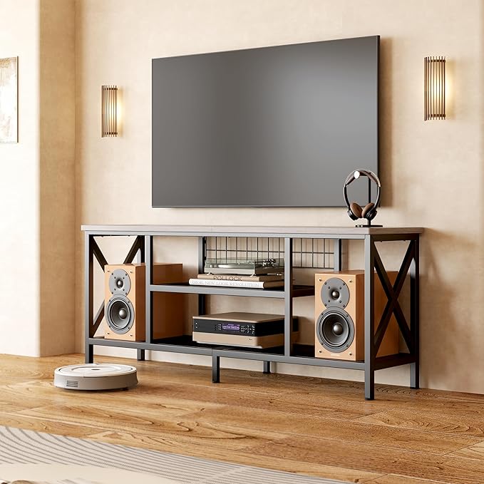 Gizoon TV Stand for 55-65 Inch TVs 3-Tier Industrial Media Entertainment Center with Open Shelves Metal Frame 59.8'' Solid Wood Table top for Living Room Bedroom Office Grey
