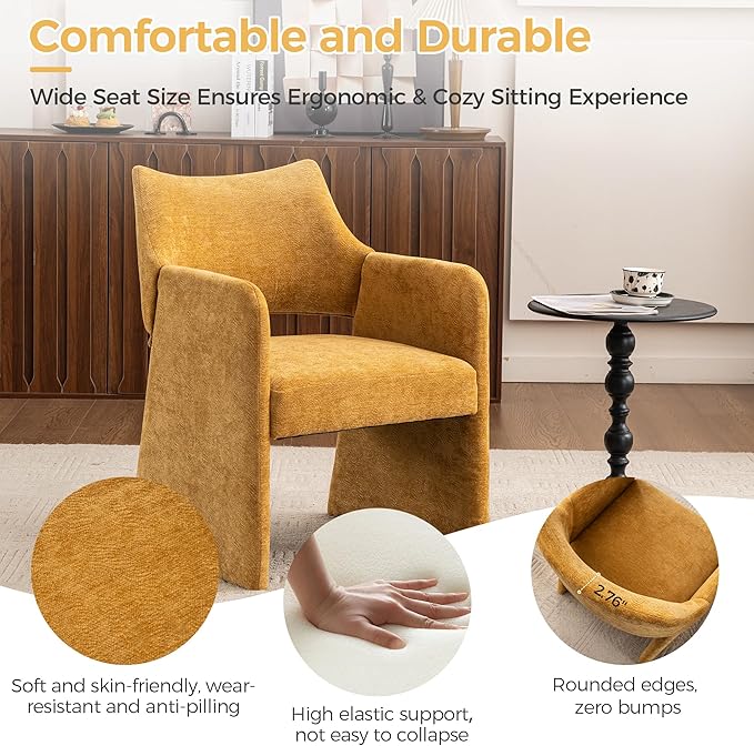 Mid-Century Chenille Accent Chair Set of 2 Geometric Open-Back Upholstered Armchair with Non-Slip Frame Cozy Reading Chair for Home &amp Office (Yellow)