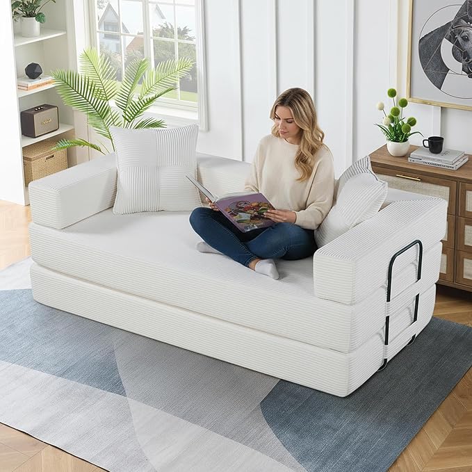 4-in-1 Convertible Folding Sofa Bed 79 Oversized Corduroy Upholstered Boneless Couch Loveseat Sleeper Sofa Bed Floor Sofabed Modular Futon Couch for Living Room Bedroom Lounge (Cream)