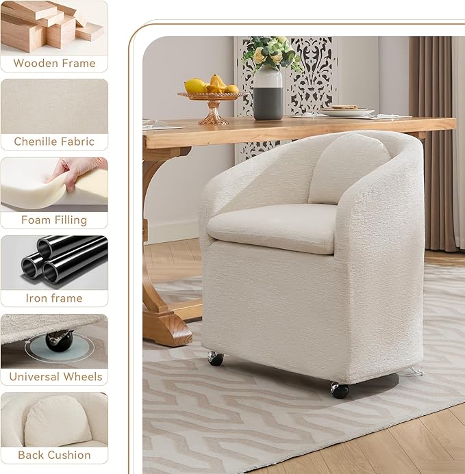 KEIKI Set of 1 Chenille Fabric Swivel Dining Chairs with Universal Wheels Ergonomic Backrest 250 lbs Capacity Easy Assembly for Small Spaces