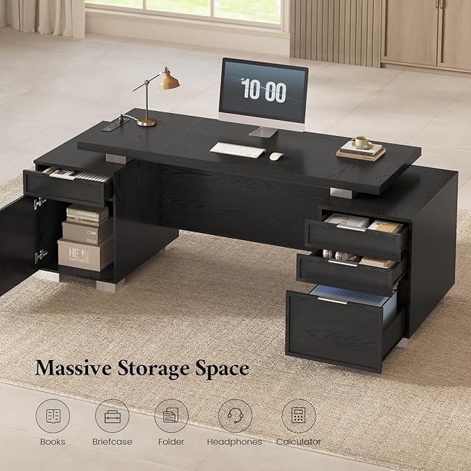80.6 Executive Desk with Power Outlet and File Drawer Modern Home Office Desk with 3 Large Cabinets and Privacy Panel Business Furniture for Home Office Living Room Black