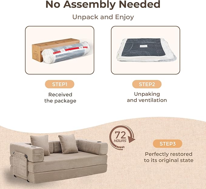 WELAX 72.8 Convertible Sleeper Sofa Bed Boneless Cloud Queen Futon Couches with Cupholders &amp Storage Pockets Corduroy Folding Floor Couch for Bedroom Apartment No Assembly Khaki