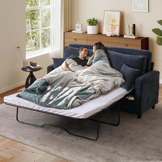 Full Size Pull Out Sofa Bed 3 in 1 Chenille Convertible Loveseat Sleeper Sofa Bed with Memory Form Mattress Pull Out Couch with Square Arms &amp Plillows for Living Room Bedroom Small Space(Grey)