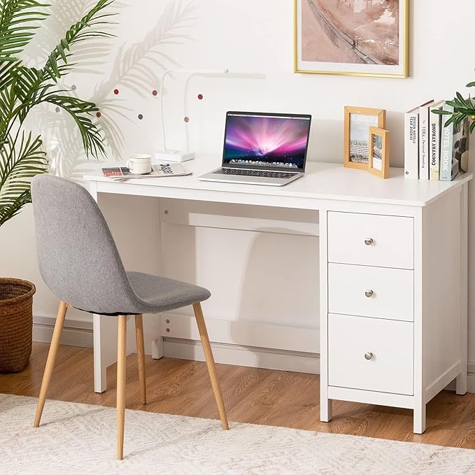 48 Inches Computer Desk Modern Writing Study Table with 3 Drawers Multifunctional Workstation Desk for Home Office Living Room Bedroom Black/White (White)