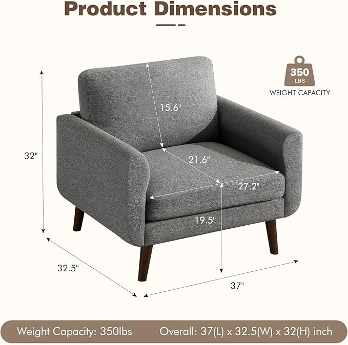 Oversized Accent Chair for Living Room 37 Mid-Century Modern Comfy Reading Chair Linen Fabric Solid Wood Frame Armchair Upholstered Grey Accent Chairs for Adults Living Room Chairs