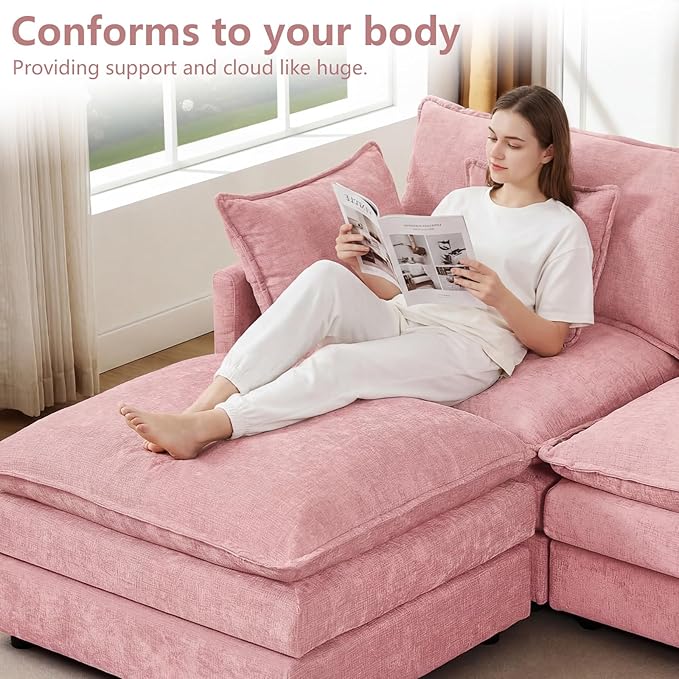 GNIXUU 102 Modular Sectional Sofa L Shaped Cloud Couch with Movable Ottoman &amp 4 Pillows Deep Seat Chenille 4 Seater Sectional Couches for Living Room Apartment (Pink)