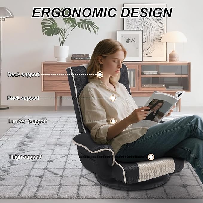 Linen Fabric Ergonomic Gaming Chair 6-Position Reclining Sofa Bed with Lumbar Support Foldable Floor Lounger with Thick Cushion Armrests &amp Side Pockets for Esports Reading Napping (Grey + Bei