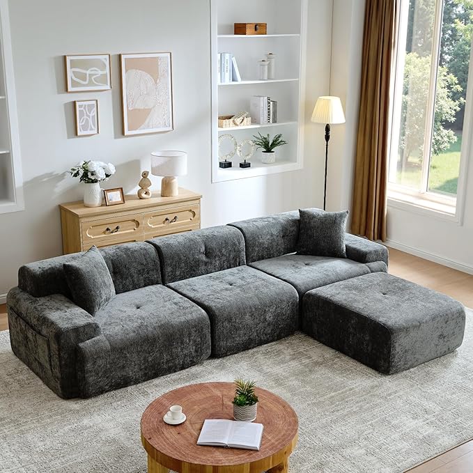 118 Modern L-Shaped Modular Sectional Sofa Oversized 3-Seater Couch with Deep Seat and Movable Ottoman Chenille Yarn Grey Cloud Sofa Couch for Living Room No Assembly
