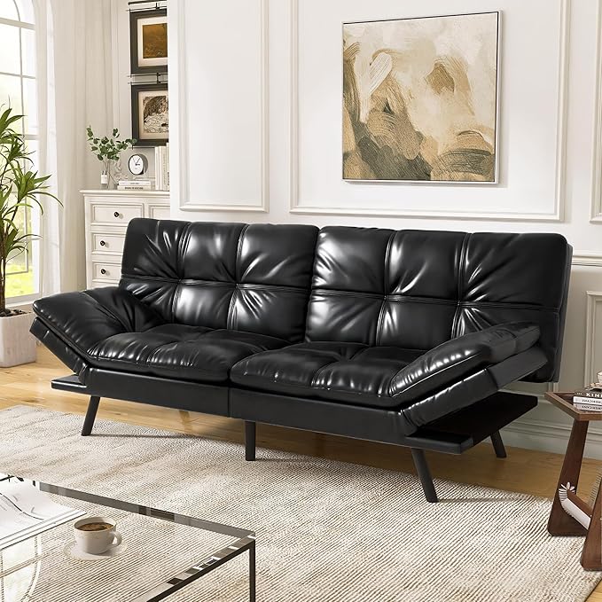 Convertible Faux Leather Futon Sofa BedMemory Foam Futon CouchSmall Splitback Modern Folding Loveseat Sleeper Sofa Couches for Living RoomOfficeApartmentClassic Black