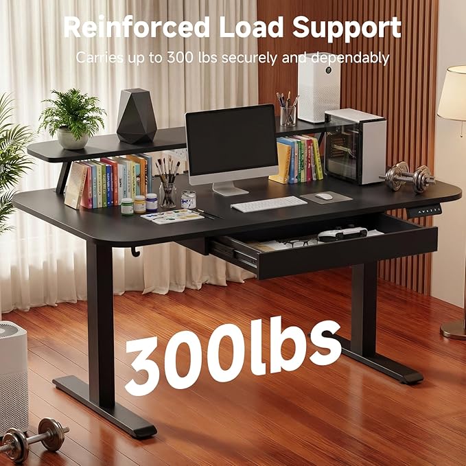 GTPLAYER Electric Standing Desk with Drawers 55 x 24 Inches Height Adjustable Computer Desk with Monitor Stand Laptop Stand Home Office Sit Stand Up Desk with Memory Preset Black