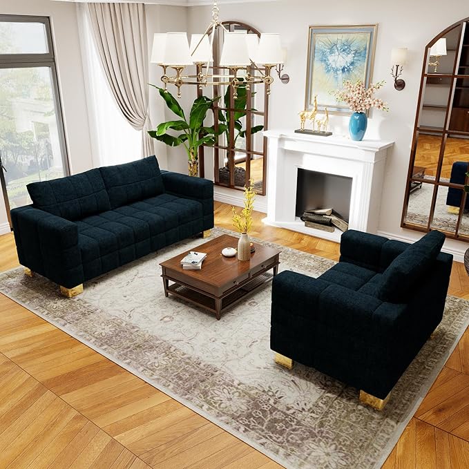81.89 Sofa Comfy 3 Seat Sofa Tufted Chenille Upholstered Sofa Couch for Living Room with Gold Metal Legs and 2 Throw Pillows (Blue+1.5S)