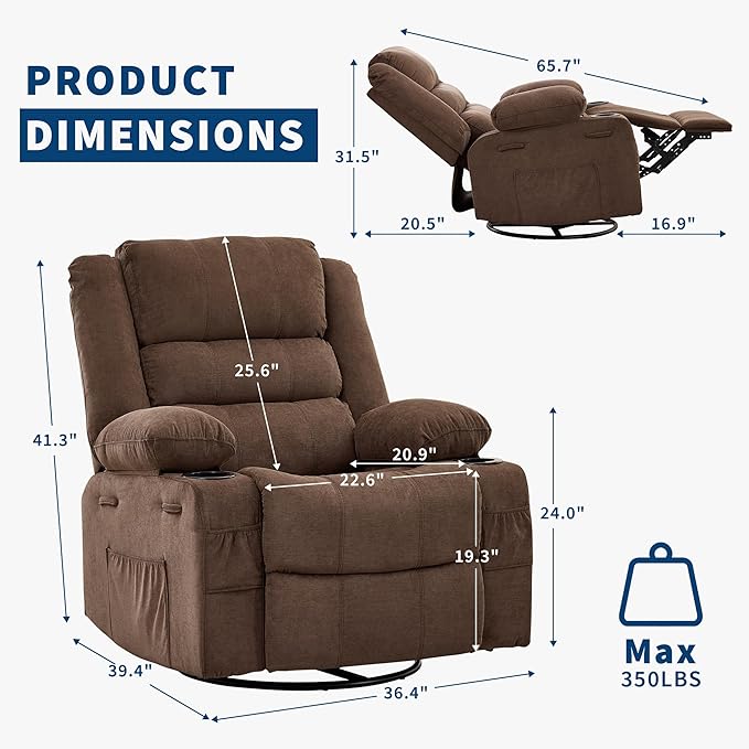 360° Swivel Recliner Chair for Adult Linen Rocker Chair with 3 Positions/2 Side Pockets/Cup Holders Manual Nursery Glider Rocking Chair for Bedroom Living Room Office