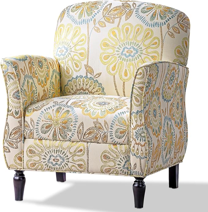 Wingback Chair Floral Club Chair Accent Living Room Chairs Fabric Pattern Retro Casual Recessed Armchair Accent Chairs Tufted Single Sofa Chair(Beige+Yellow + Fabric)