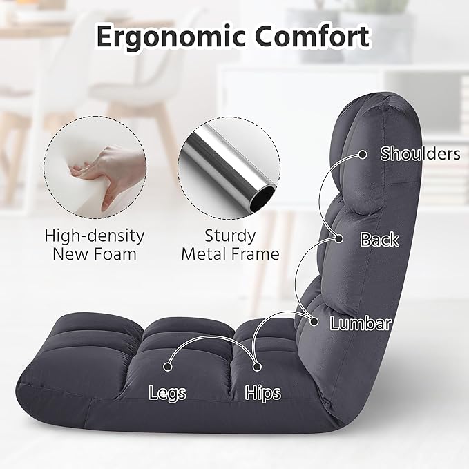 Yaheetech Floor Folding Chair with Back Support Padded Folding Gaming Sofa Chair with 14 Adjustable Backrest Adults Couch Recliner Floor Seating Lounge Chair Armless Meditation Chair Gray
