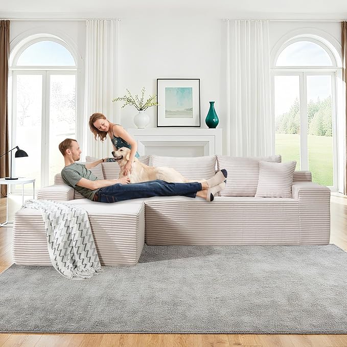 105 Cloud Modular Sectional Couch with L-Shape Chaise Upholstered Corduroy Couches for Living Room No Assembly Required Deep Seat Boneless Sofa (Beige Left Facing Chaise)