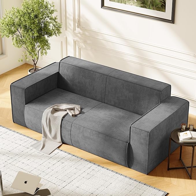 PUREMIND 3 Seater Sofa in a Box 76 Modern Corduroy Sofa Couch with Widen Armrest Comfy Deep Seat Couches for Living Room Apartment Grey