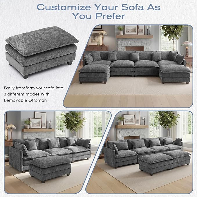113.4 L-Shaped Modular Sectional Sofa with Ottoman Comfy Cloud Couch with Deep Seat (23.6 D) Solid Wood FrameBeige/Gray/Blue/Black for Living Room Small Apartment (Grey 3 Seat)