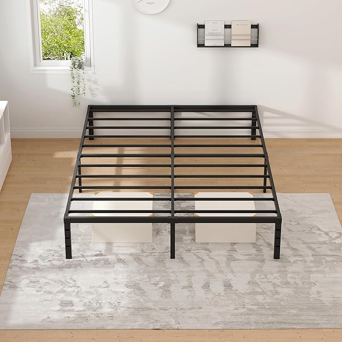 Metal Bed FrameQueen Size Bed Frame with Storage SpaceHeavy Duty Sturdy Mattress FoundationEasy AssemblyNo Box Spring Needed Black18 InchQueen