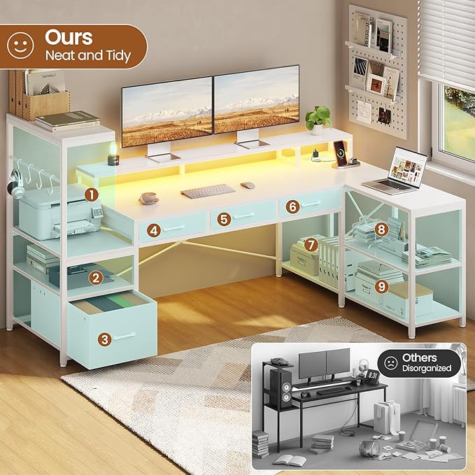 SEDETA L Shaped Gaming Desk with PC Display Stand 59Inch Reversible Computer Desk with Storage Shelves 4 Drawer &amp LED Lights Modern Gamer Desk Table with Power Outlet Monitor Stand White