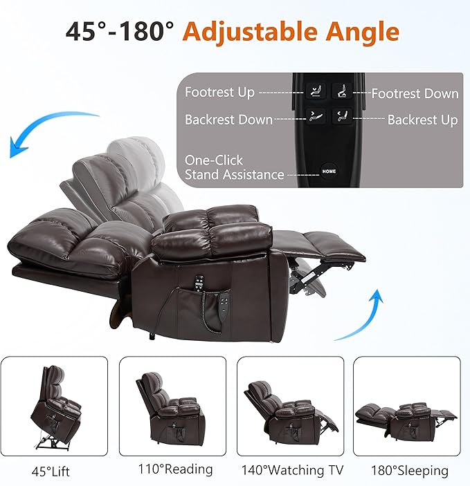 Luxlen Oversized Power Lift Recliner Chair for Elderly Dual Motor Lift Chair with Vibration Massage &amp Lumbar Heating Standing Assistance Recliner with Cup Holders - Faux Leather Reddish Brown