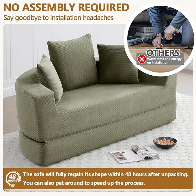67'' Circular Convertible Compressed Sofa Bed Green Corduroy Floor Lounge Round Boneless Couch Loveseat Sleeper Sofa Couch with 3 Cushions No Assembly for Apartment Bedroom
