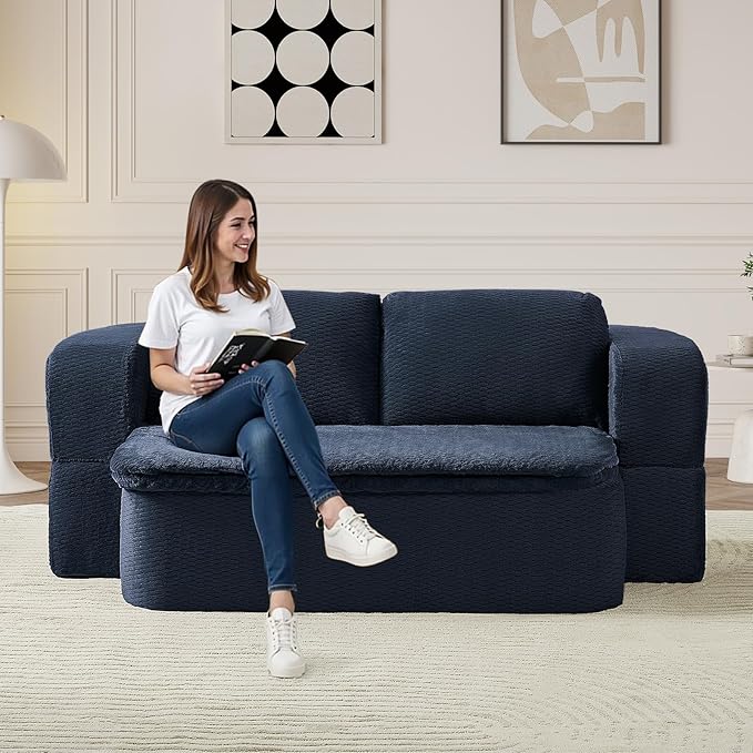 Convertible Folding Sofa Bed 75 Futon Floor Couch Modular Sleeper Loveseat Sectional Couches Boneless Cloud Plush Fluffy Fabric for Living Room Guest Room No Assembly Required Blue