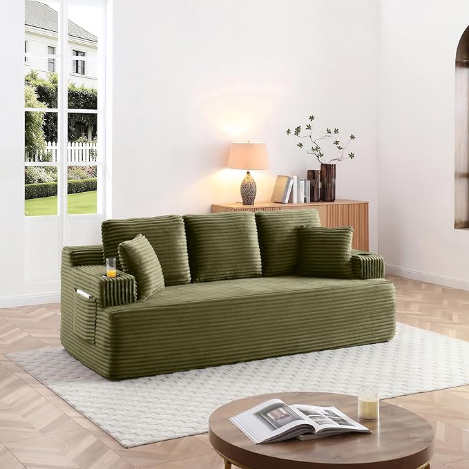 Eafurn Floor Loveseat Boneless Sofa Couch in a Box with Cup Holder and Side Pockets 3 Seater Comfy Corduroy Upholstered Foam Couch with Deep Seating for Living RoomNo Assembly | Breathable material