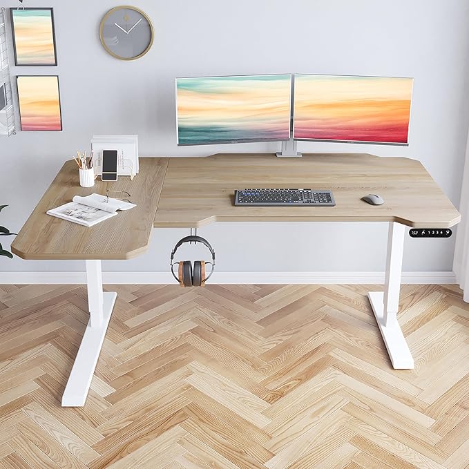 59x 29 x 46 Inches Reversible L-Shaped Electric Standing Desk Adjustable Height Sit Stand up Desk Memory Computer Home Office Desk Sit Stand Home Office Computer Desk (Nature)