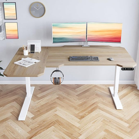 59x 29 x 46 Inches Reversible L-Shaped Electric Standing Desk Adjustable Height Sit Stand up Desk Memory Computer Home Office Desk Sit Stand Home Office Computer Desk (Nature)