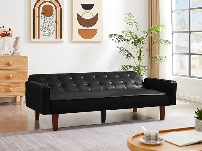 Modern PU Leather 3-Seat Couch Adjustable Backrest Convertable Sofa Sleek Minimalist Fold Out Couch Loveseat with Armrests Sofa for Living Room Home Office Spaces Black
