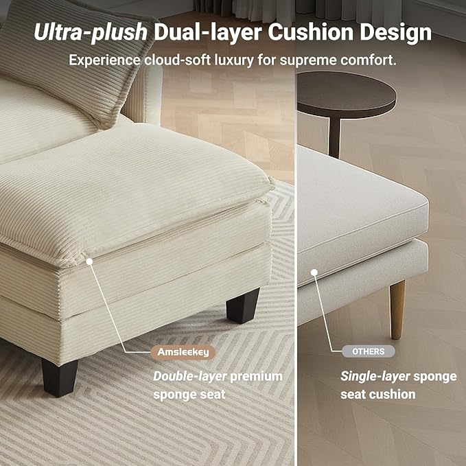 Modular Sectional Sofa 111.5 U-Shaped Corduroy Comfy Sectional Couches for Living Room 3-Seater Cloud Couches with 2 Movable Ottomans Flexible Combination Modern Deep Seat Sofa (Beige)