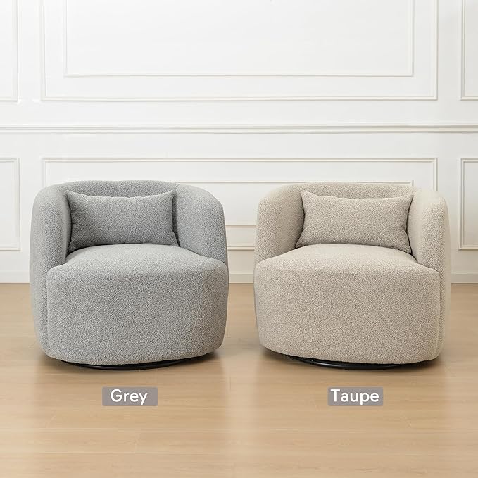 KINWELL 34 Wide Sherpa Swivel Barrel Chairs Set of 2 No Assembly Round Boucle Upholstered Accent Chairs Armchairs Single Sofa Chair with Toss Pillow for Living Room and Bedroom Gray
