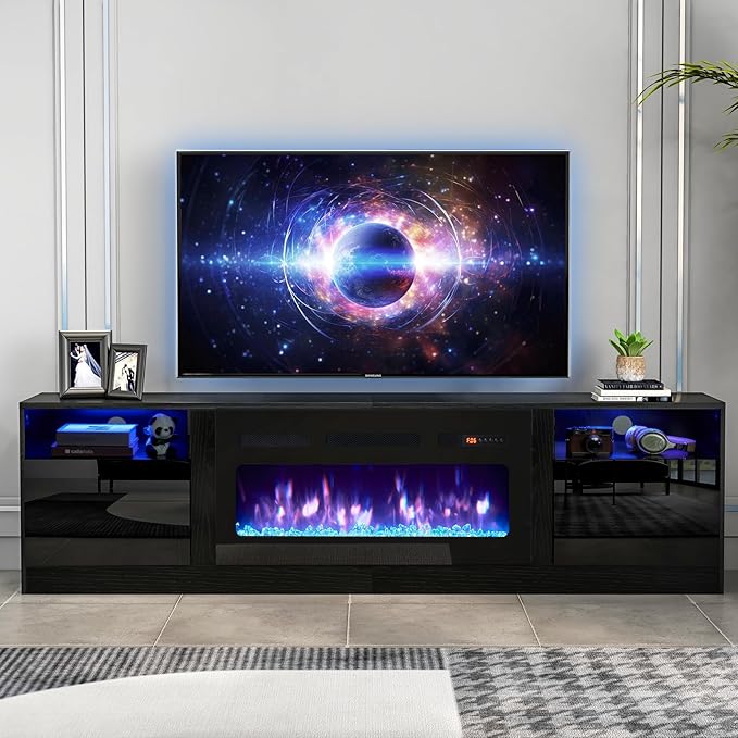 oneinmil 80” TV Stand with 36” Electric Fireplace Large Modern Media Entertainment Center with Storage Cabinet and 12 Colors LED Lights for TVs Up to 90 Black+Black
